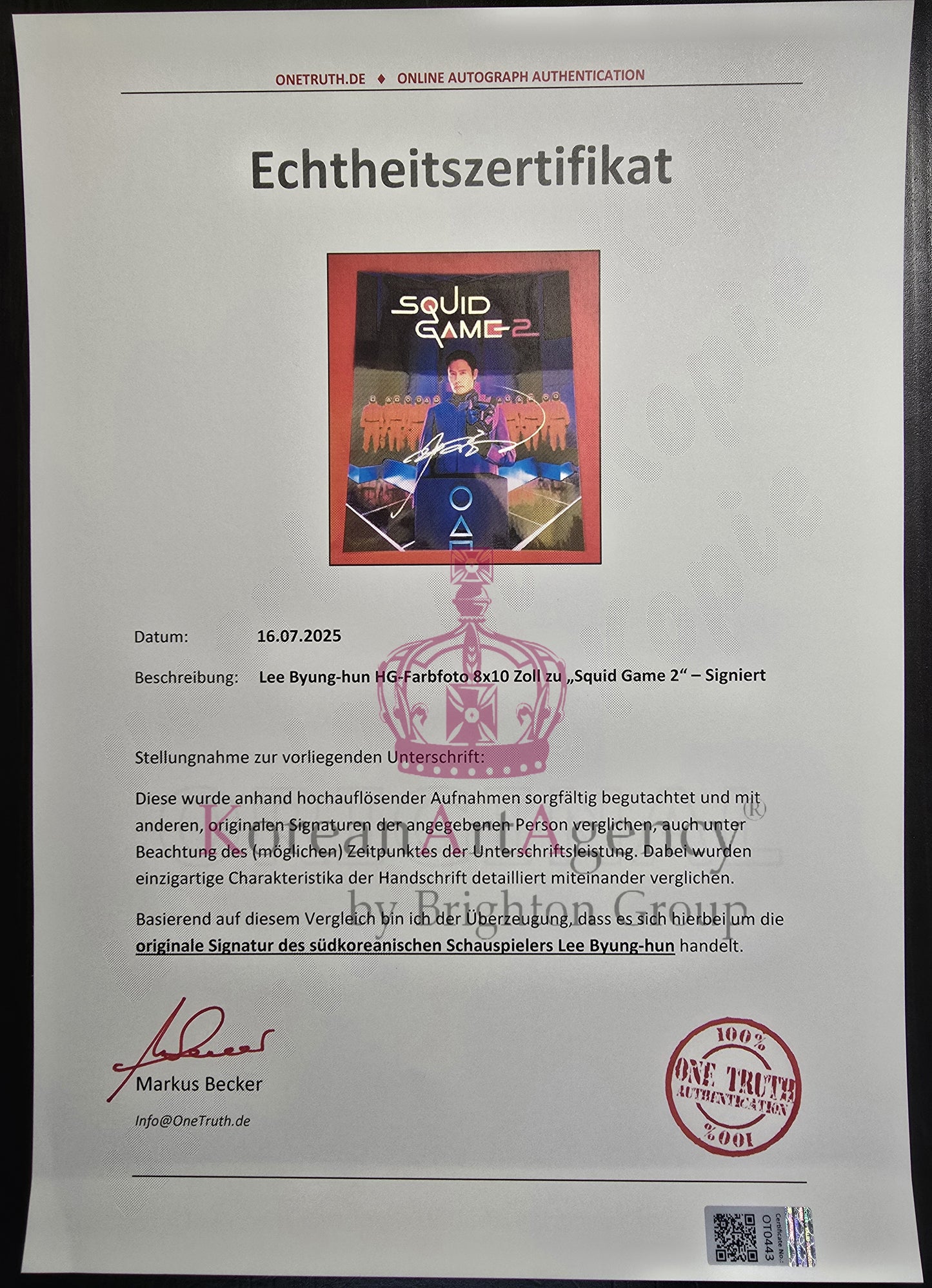 Squid Game Lee Byung Hun 10 inches Autograph + Certificate of Authenticity