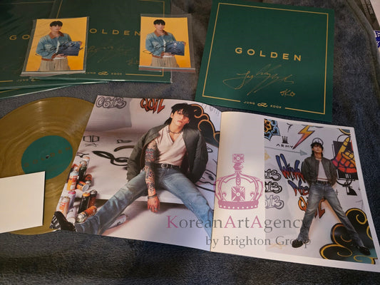 BTS Jungkook Golden Hand-Signed Autographed Album on Golden Record with Bonus Hand-signed Autograph photograph of Jungkook Rare and Limited with COA