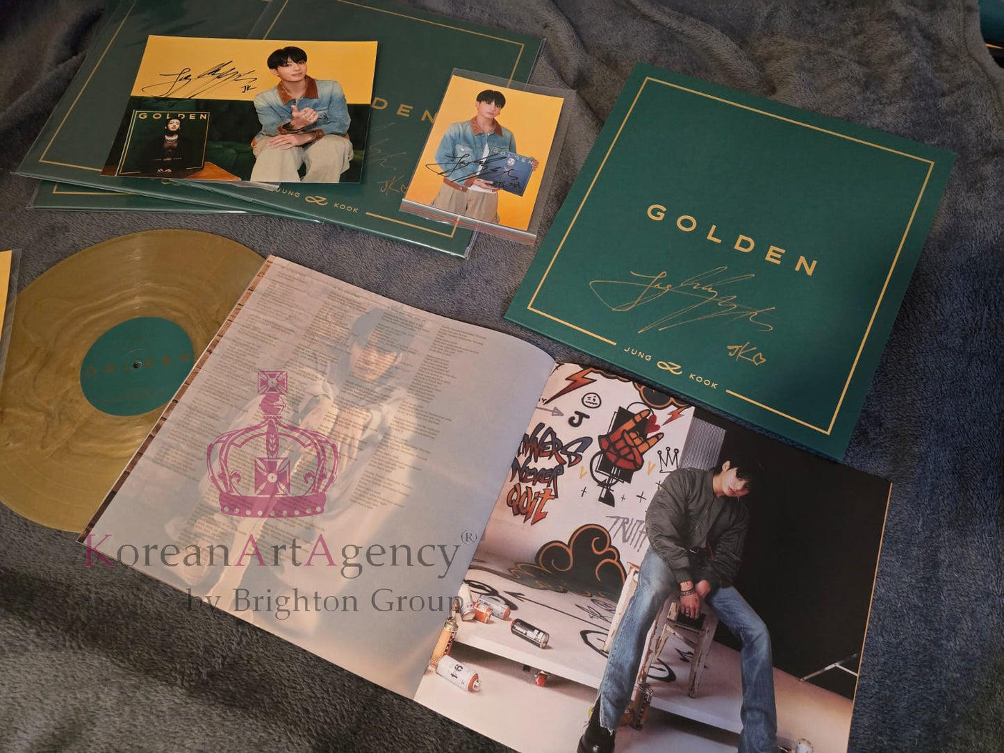 BTS Jungkook Golden Hand-Signed Autographed Album on Golden Record with Bonus Hand-signed Autograph photograph of Jungkook Rare and Limited with COA