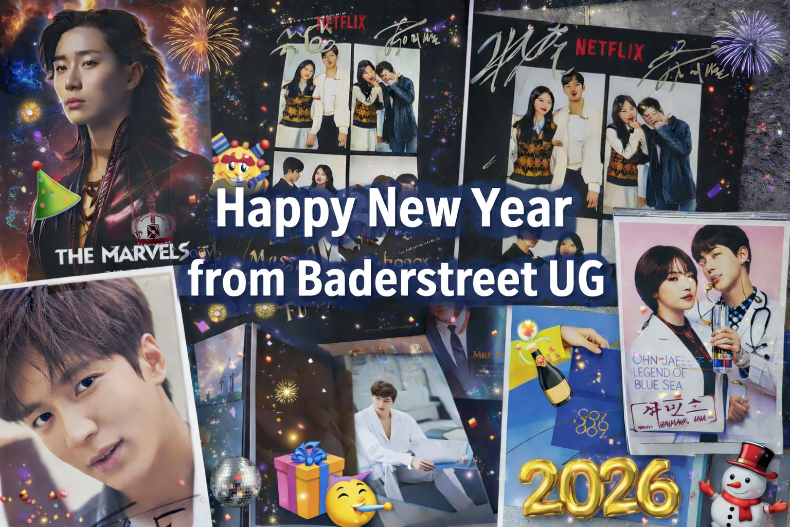 Happy New Year 2026 promotional banner from Baderstreet UG featuring Korean drama DVD box sets, limited edition signed autographs, and official K-drama merchandise, with Netflix K-drama cast photos, fireworks, and festive New Year decorations.