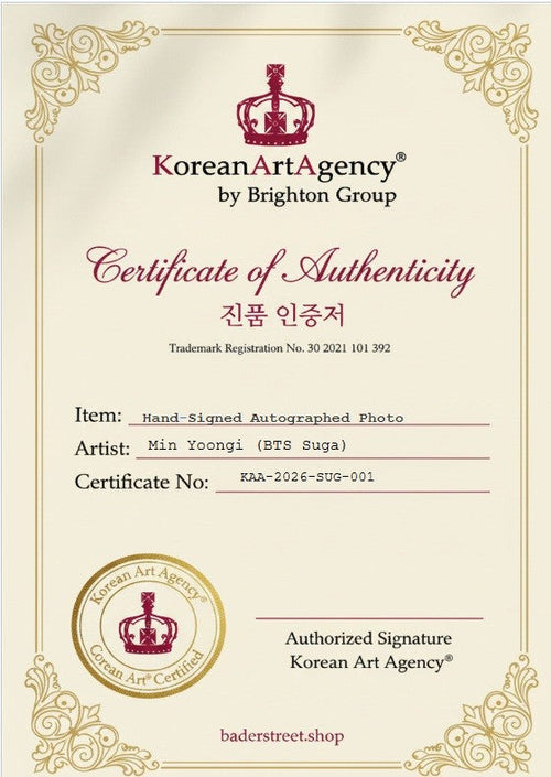 Certificate of Authenticity – Min Yoongi (BTS Suga) – Korean Art Agency