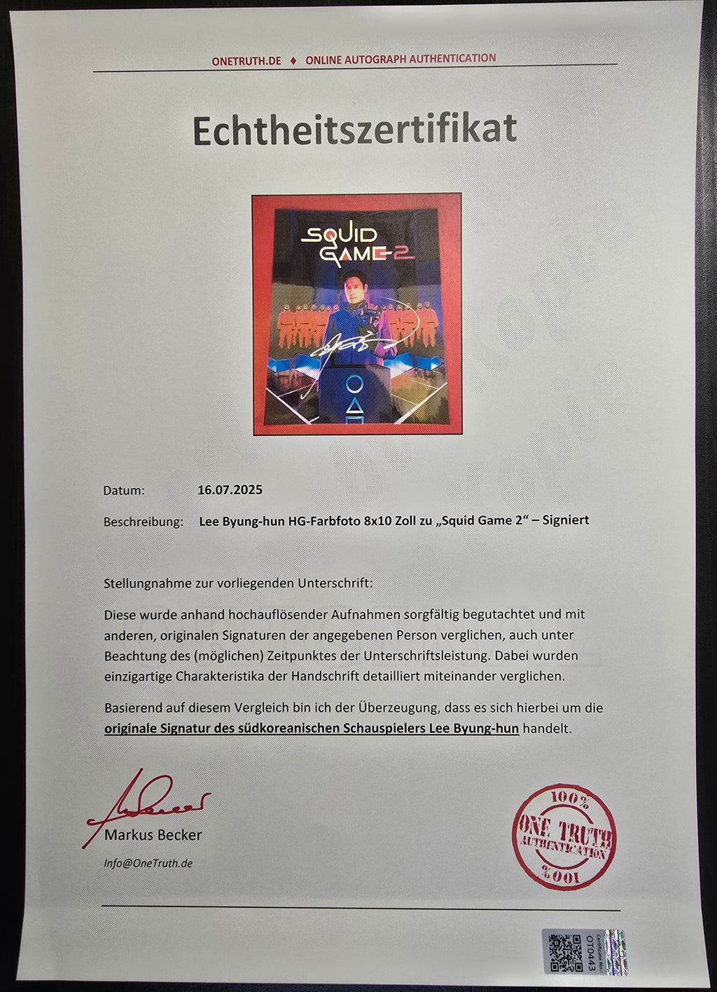 Squid Game Lee Byung Hun 10 inches Autograph WITH COA CERTIFICATE