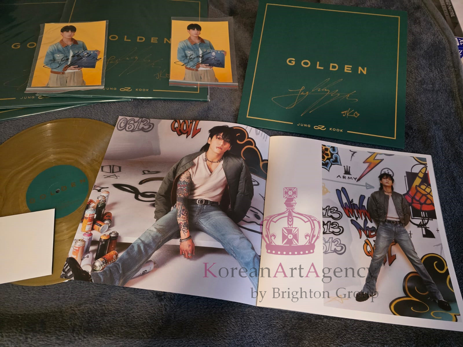 BTS Jungkook Golden Hand-Signed Autographed Album on Golden Record with Bonus Hand-signed Autograph photograph of Jungkook Rare and Limited with COA