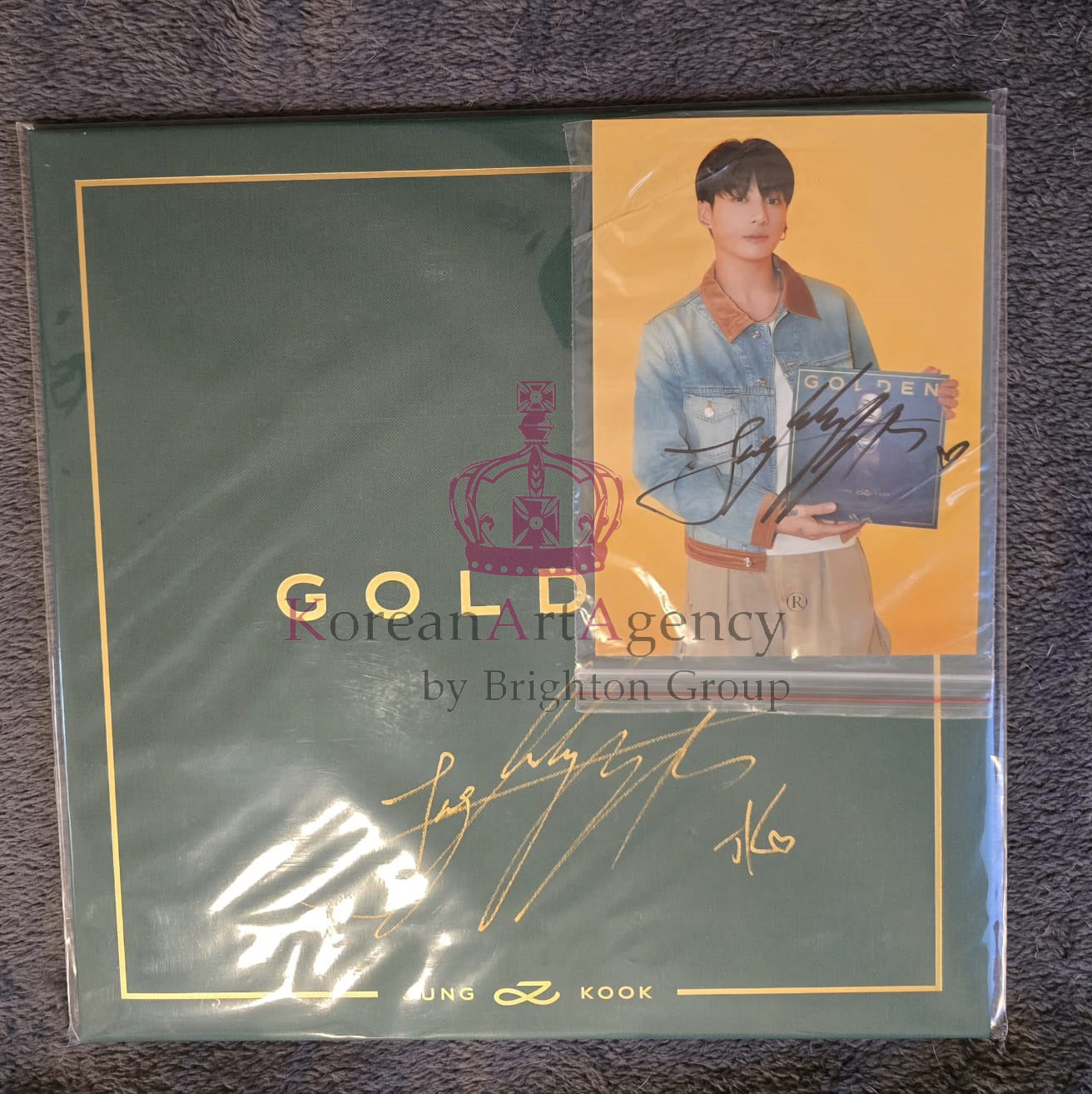 BTS Jungkook Golden Hand-Signed Autographed Album on Golden Record with Bonus Hand-signed Autograph photograph of Jungkook Rare and Limited with COA